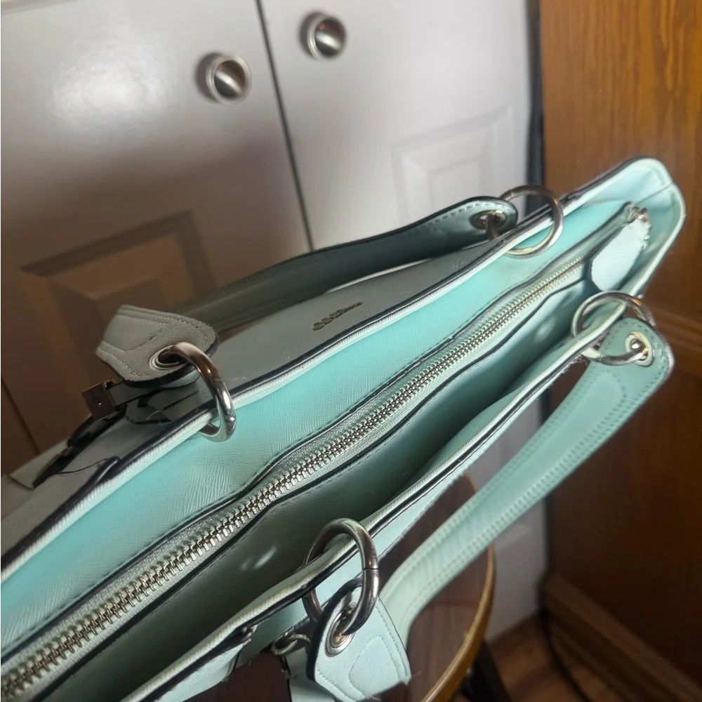 GUESS 1981 Teal Structured Tote Bag Large Zip Top Work Shoulder Purse - Picture 6 of 9